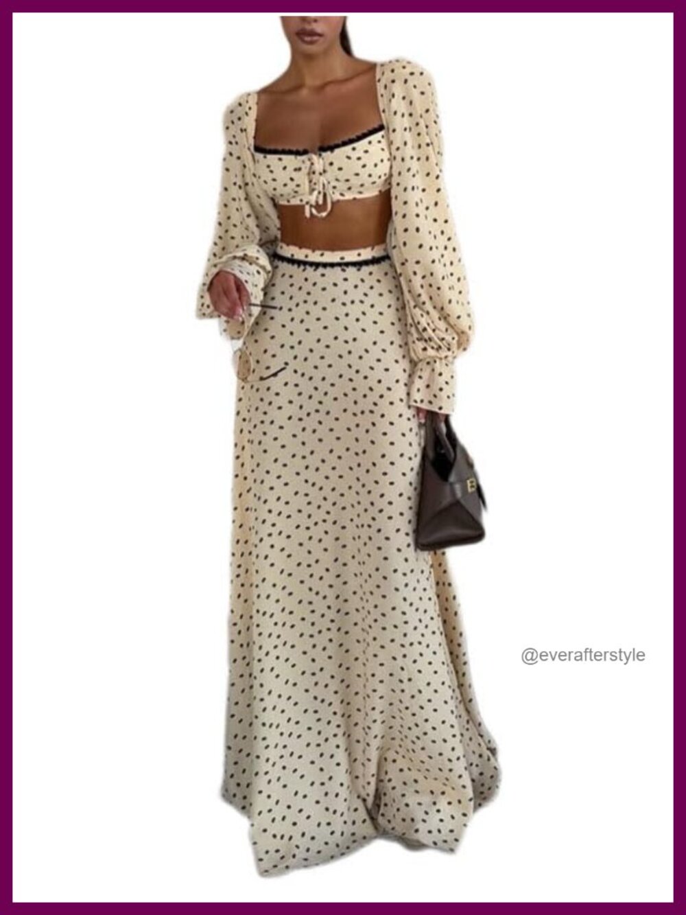 Boho Two Piece Set Polka Dot Crop Top Maxi Skirt Long Sleeve Shrug Vacation